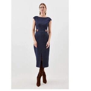 Karen Millen Tailored Denim Tab Detail Cap Sleeve Midi Pencil Dress Blue Size 10